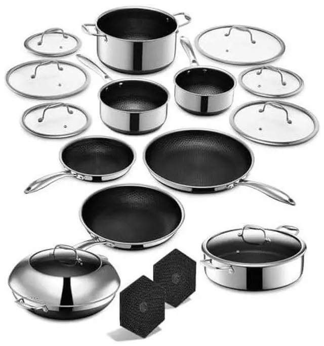 Main image of Hybrid Nonstick 18-Piece Cookware Set, 2, 3, and 8Qt Pots with Lids, 2 Silicone Trivets, 8", 10", and 12" Pans with Lids, 7Qt Chicken Fryer with Lid, and 14" Wok with Lid, Stay-Cool Handles