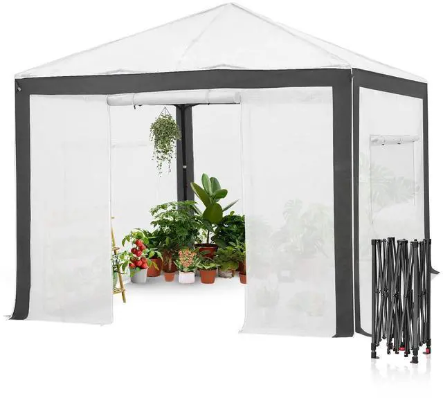 Main image of 10x10 Portable Walk in Greenhouse with Polyester Reinforced Corners, Instant Pop up Indoor Outdoor Gardening Green House, Roll Up Zipper Entry Doors and Mesh Windows, Gray/White