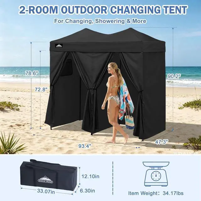 Alt view image 3 of 7 - Outdoor Pop Up Changing Room 8x4 ft, 2-Room Portable Privacy Shelter for Beach, Pool, Photoshoots or Dressing Room, Black