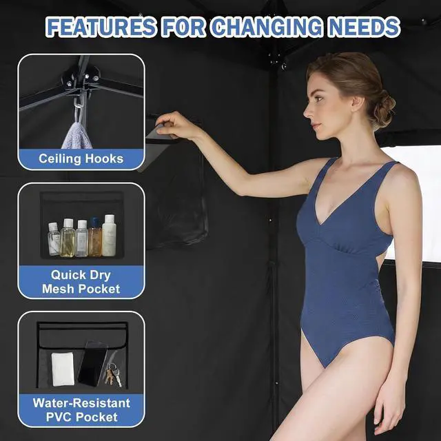 Alt view image 4 of 7 - Outdoor Pop Up Changing Room 8x4 ft, 2-Room Portable Privacy Shelter for Beach, Pool, Photoshoots or Dressing Room, Black