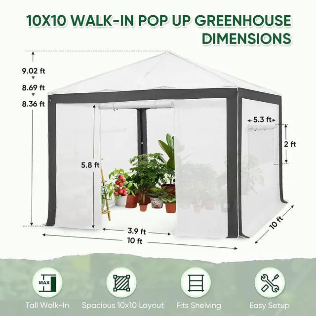 Alt view image 3 of 7 - 10x10 Portable Walk in Greenhouse with Polyester Reinforced Corners, Instant Pop up Indoor Outdoor Gardening Green House, Roll Up Zipper Entry Doors and Mesh Windows, Gray/White
