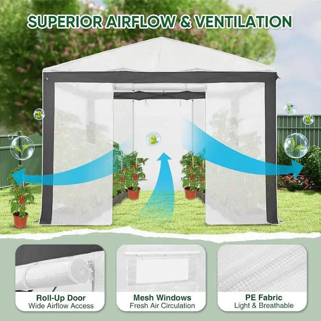 Alt view image 2 of 7 - 10x10 Portable Walk in Greenhouse with Polyester Reinforced Corners, Instant Pop up Indoor Outdoor Gardening Green House, Roll Up Zipper Entry Doors and Mesh Windows, Gray/White
