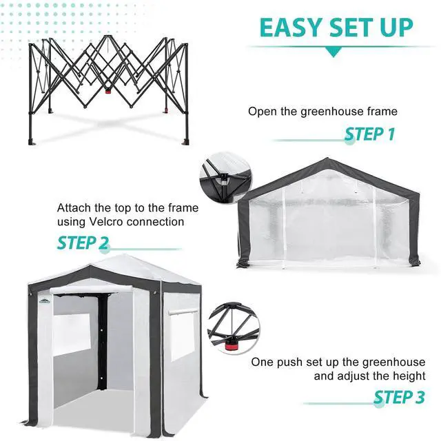Alt view image 6 of 7 - 8x6 Portable Walk in Greenhouse with Polyester Reinforced Corners, Instant Pop Up Indoor Outdoor Gardening Green House, Roll Up Zipper Entry Doors and Mesh Windows, Gray/White