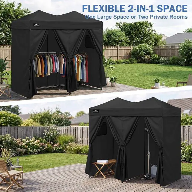 Alt view image 7 of 7 - Outdoor Pop Up Changing Room 8x4 ft, 2-Room Portable Privacy Shelter for Beach, Pool, Photoshoots or Dressing Room, Black