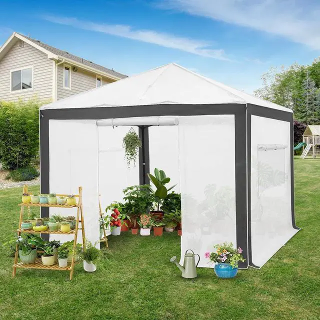 Alt view image 5 of 7 - 10x10 Portable Walk in Greenhouse with Polyester Reinforced Corners, Instant Pop up Indoor Outdoor Gardening Green House, Roll Up Zipper Entry Doors and Mesh Windows, Gray/White