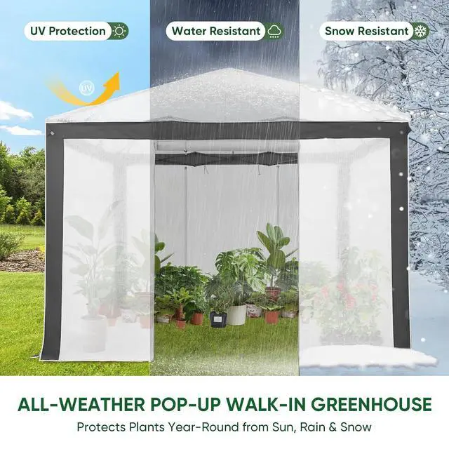 Alt view image 4 of 7 - 10x10 Portable Walk in Greenhouse with Polyester Reinforced Corners, Instant Pop up Indoor Outdoor Gardening Green House, Roll Up Zipper Entry Doors and Mesh Windows, Gray/White