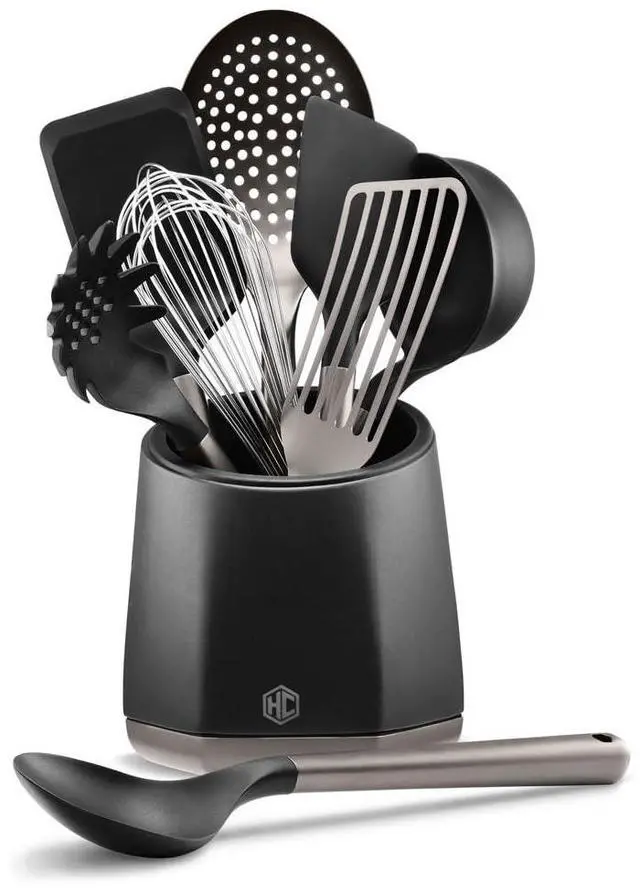 Main image of HexClad 9-Piece Kitchen Utensil Set, 9 Stainless Steel & Silicone Tools with a Fingerprint-Resistant Metallic Finish, Heat-Resistant to 450°F, Dishwasher-Safe, Includes Non-Slip Ceramic Crock Holder