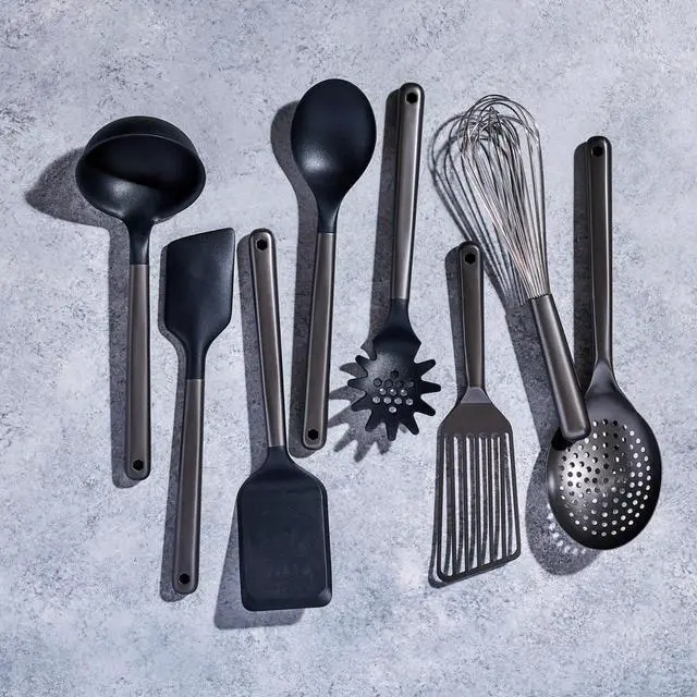 Alt view image 2 of 7 - HexClad 9-Piece Kitchen Utensil Set, 9 Stainless Steel & Silicone Tools with a Fingerprint-Resistant Metallic Finish, Heat-Resistant to 450°F, Dishwasher-Safe, Includes Non-Slip Ceramic Crock Holder