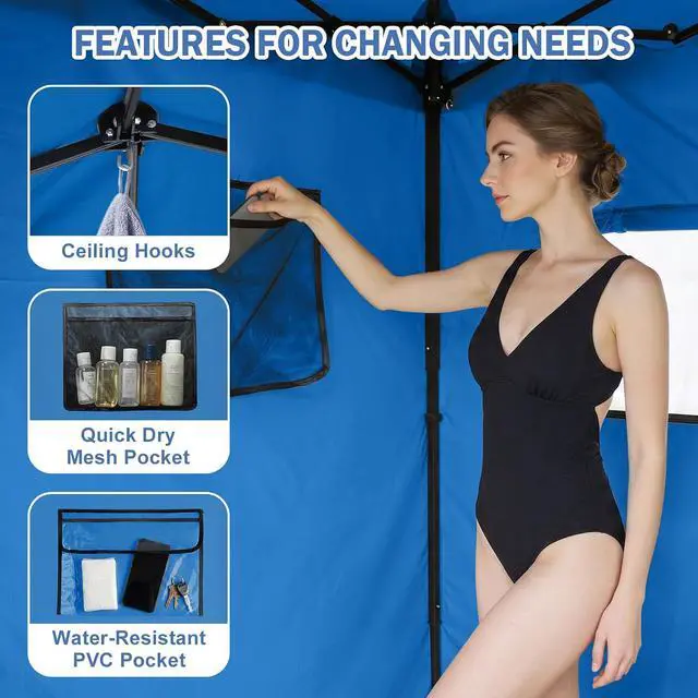 Alt view image 4 of 7 - Outdoor Pop Up Changing Room 8x4 ft, 2-Room Portable Privacy Shelter for Beach, Pool, Photoshoots or Dressing Room, Light Blue