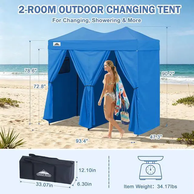 Alt view image 3 of 7 - Outdoor Pop Up Changing Room 8x4 ft, 2-Room Portable Privacy Shelter for Beach, Pool, Photoshoots or Dressing Room, Light Blue
