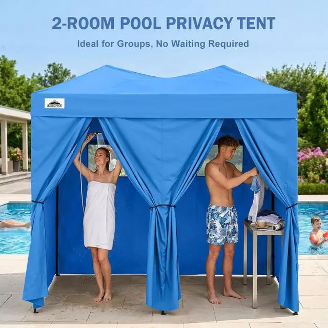 Alt view image 5 of 7 - Outdoor Pop Up Changing Room 8x4 ft, 2-Room Portable Privacy Shelter for Beach, Pool, Photoshoots or Dressing Room, Light Blue