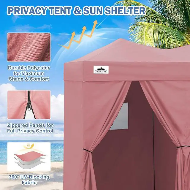 Alt view image 2 of 7 - Outdoor Pop Up Changing Room 8x4 ft, 2-Room Portable Privacy Shelter for Beach, Pool, Photoshoots or Dressing Room, Pink