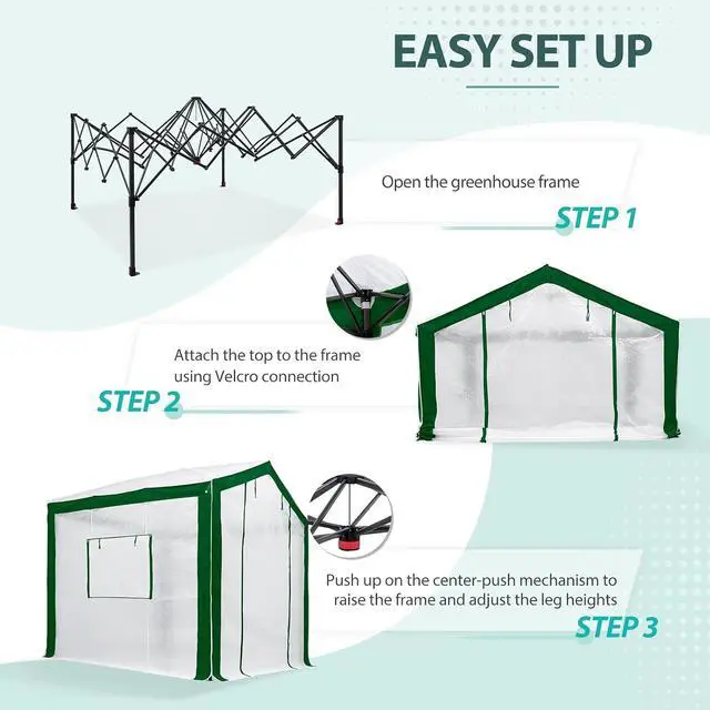Alt view image 2 of 7 - 8x8 Portable Walk in Greenhouse with Polyester Reinforced Corners, Heavy Duty Instant Pop Up Indoor Outdoor Green House, Front Roll Up Zipper Entry Door and Mesh Windows, Green/White