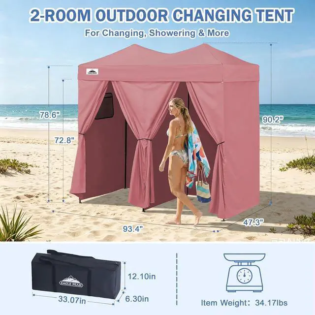 Alt view image 3 of 7 - Outdoor Pop Up Changing Room 8x4 ft, 2-Room Portable Privacy Shelter for Beach, Pool, Photoshoots or Dressing Room, Pink
