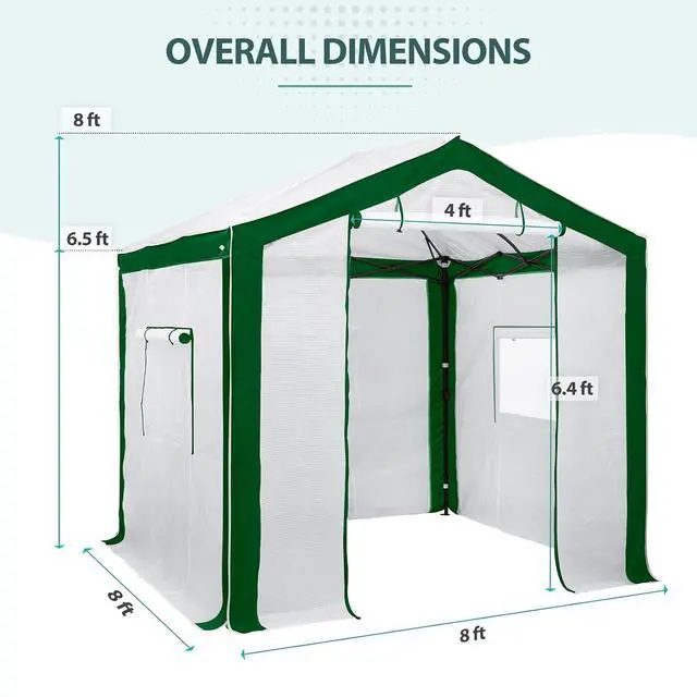 Alt view image 3 of 7 - 8x8 Portable Walk in Greenhouse with Polyester Reinforced Corners, Heavy Duty Instant Pop Up Indoor Outdoor Green House, Front Roll Up Zipper Entry Door and Mesh Windows, Green/White