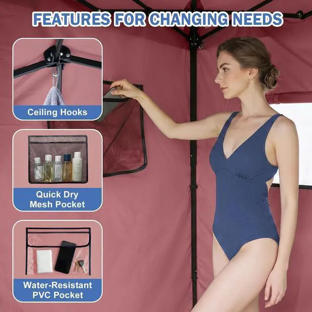 Alt view image 4 of 7 - Outdoor Pop Up Changing Room 8x4 ft, 2-Room Portable Privacy Shelter for Beach, Pool, Photoshoots or Dressing Room, Pink