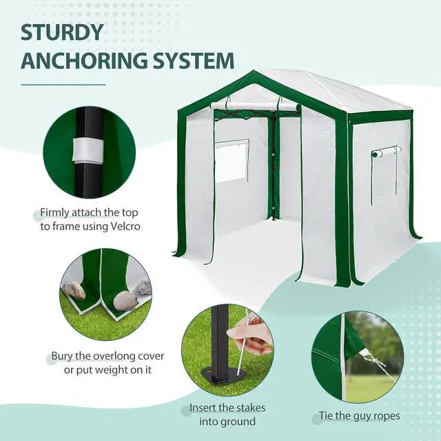 Alt view image 6 of 7 - 8x8 Portable Walk in Greenhouse with Polyester Reinforced Corners, Heavy Duty Instant Pop Up Indoor Outdoor Green House, Front Roll Up Zipper Entry Door and Mesh Windows, Green/White