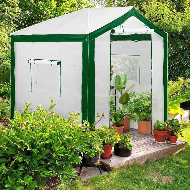 Alt view image 5 of 7 - 8x8 Portable Walk in Greenhouse with Polyester Reinforced Corners, Heavy Duty Instant Pop Up Indoor Outdoor Green House, Front Roll Up Zipper Entry Door and Mesh Windows, Green/White