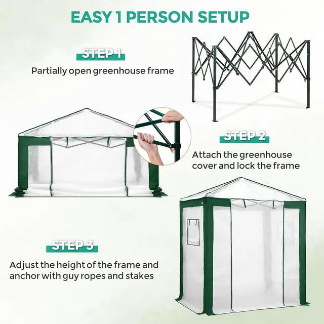 Alt view image 4 of 7 - 6x4 Portable Walk in Greenhouse with Polyester Reinforced Corners, Instant Pop up Indoor Outdoor Gardening Green House, Roll Up Zipper Entry Door and Mesh Windows, Green/White