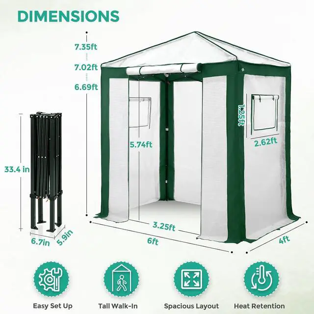 Alt view image 3 of 7 - 6x4 Portable Walk in Greenhouse with Polyester Reinforced Corners, Instant Pop up Indoor Outdoor Gardening Green House, Roll Up Zipper Entry Door and Mesh Windows, Green/White