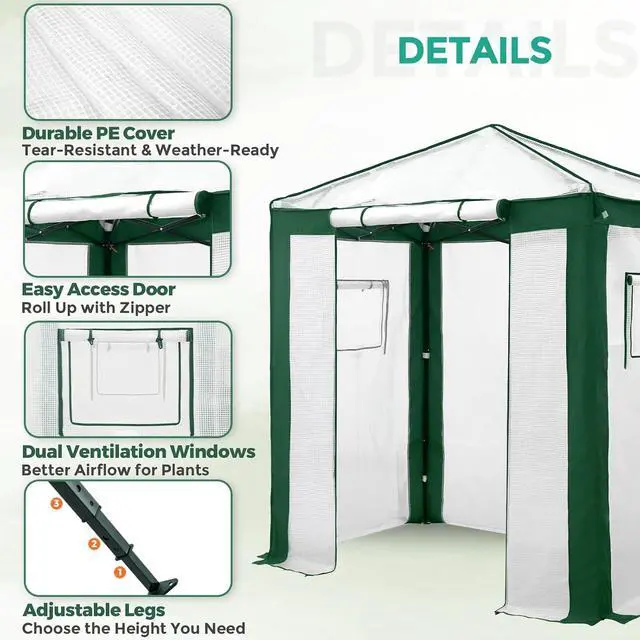 Alt view image 2 of 7 - 6x4 Portable Walk in Greenhouse with Polyester Reinforced Corners, Instant Pop up Indoor Outdoor Gardening Green House, Roll Up Zipper Entry Door and Mesh Windows, Green/White