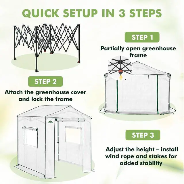 Alt view image 7 of 7 - 6x6 Portable Pop Up Greenhouse, Patented Center Lock Easy One Person Setup, Walk-in Outdoor Greenhouse with Gable Roof, Weight Bags, Zippered Doors & Windows, White