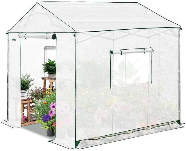 Main image of 8x8 Portable Pop Up Greenhouse, Patented Center Lock Easy One Person Setup, Walk-in Outdoor Greenhouse with Gable Roof, Weight Bags, Zippered Doors & Windows, White