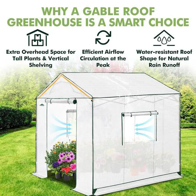 Alt view image 2 of 7 - 8x8 Portable Pop Up Greenhouse, Patented Center Lock Easy One Person Setup, Walk-in Outdoor Greenhouse with Gable Roof, Weight Bags, Zippered Doors & Windows, White