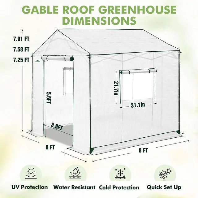 Alt view image 3 of 7 - 8x8 Portable Pop Up Greenhouse, Patented Center Lock Easy One Person Setup, Walk-in Outdoor Greenhouse with Gable Roof, Weight Bags, Zippered Doors & Windows, White