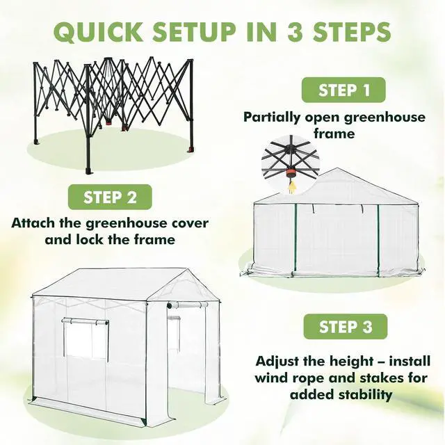 Alt view image 7 of 7 - 8x8 Portable Pop Up Greenhouse, Patented Center Lock Easy One Person Setup, Walk-in Outdoor Greenhouse with Gable Roof, Weight Bags, Zippered Doors & Windows, White