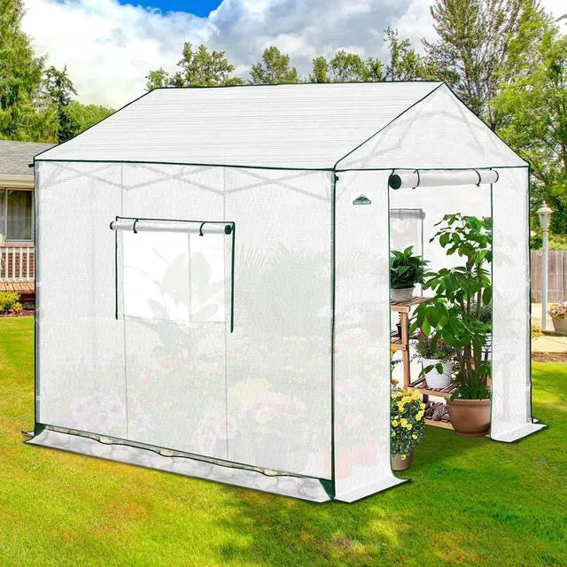 Alt view image 5 of 7 - 8x8 Portable Pop Up Greenhouse, Patented Center Lock Easy One Person Setup, Walk-in Outdoor Greenhouse with Gable Roof, Weight Bags, Zippered Doors & Windows, White