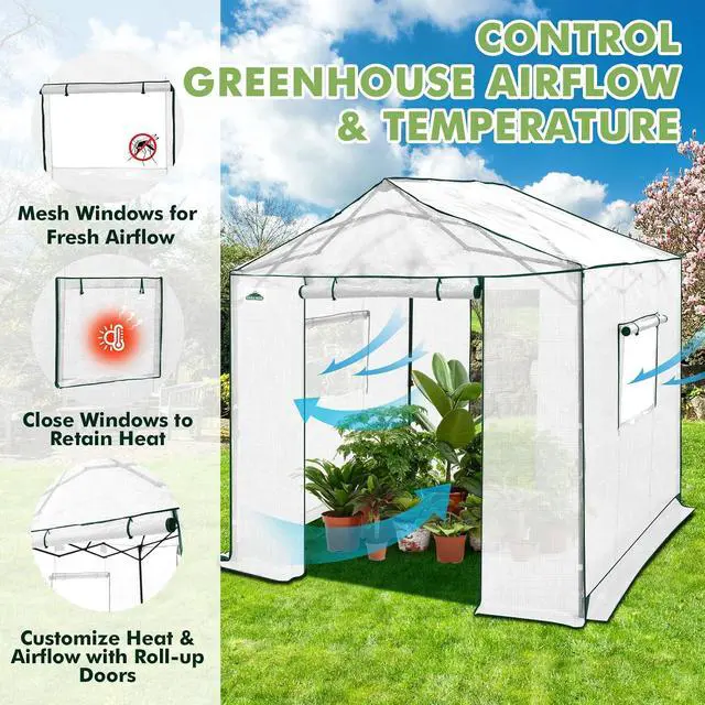 Alt view image 6 of 7 - 8x8 Portable Pop Up Greenhouse, Patented Center Lock Easy One Person Setup, Walk-in Outdoor Greenhouse with Gable Roof, Weight Bags, Zippered Doors & Windows, White