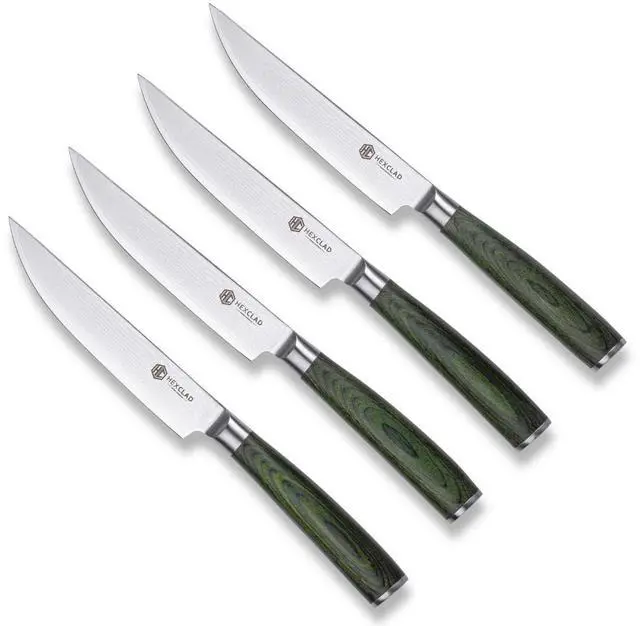 Main image of Green Steak Knife Set, 4-Pieces Damascus Stainless Steel Blades, Full Tang Construction, Pakkawood Handles