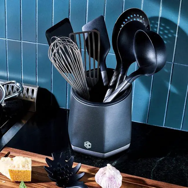 Alt view image 5 of 7 - HexClad 9-Piece Kitchen Utensil Set, 9 Stainless Steel & Silicone Tools with a Fingerprint-Resistant Metallic Finish, Heat-Resistant to 450°F, Dishwasher-Safe, Includes Non-Slip Ceramic Crock Holder