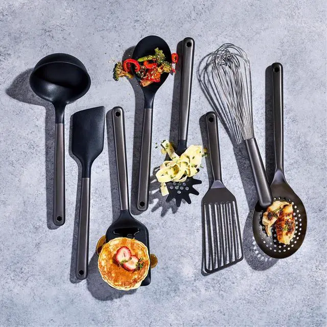 Alt view image 4 of 7 - HexClad 9-Piece Kitchen Utensil Set, 9 Stainless Steel & Silicone Tools with a Fingerprint-Resistant Metallic Finish, Heat-Resistant to 450°F, Dishwasher-Safe, Includes Non-Slip Ceramic Crock Holder