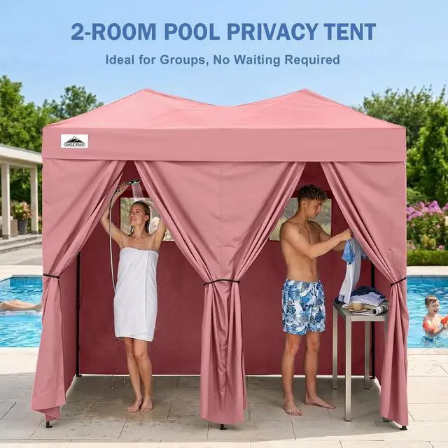 Alt view image 5 of 7 - Outdoor Pop Up Changing Room 8x4 ft, 2-Room Portable Privacy Shelter for Beach, Pool, Photoshoots or Dressing Room, Pink