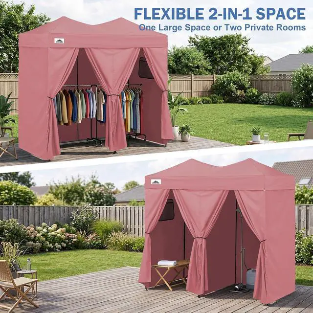 Alt view image 7 of 7 - Outdoor Pop Up Changing Room 8x4 ft, 2-Room Portable Privacy Shelter for Beach, Pool, Photoshoots or Dressing Room, Pink