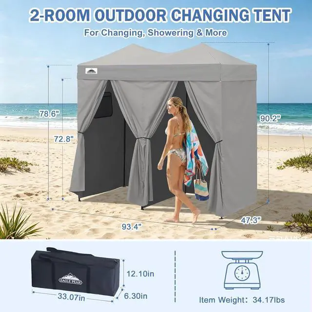 Alt view image 3 of 7 - Outdoor Pop Up Changing Room 8x4 ft, 2-Room Portable Privacy Shelter for Beach, Pool, Photoshoots or Dressing Room, Gray