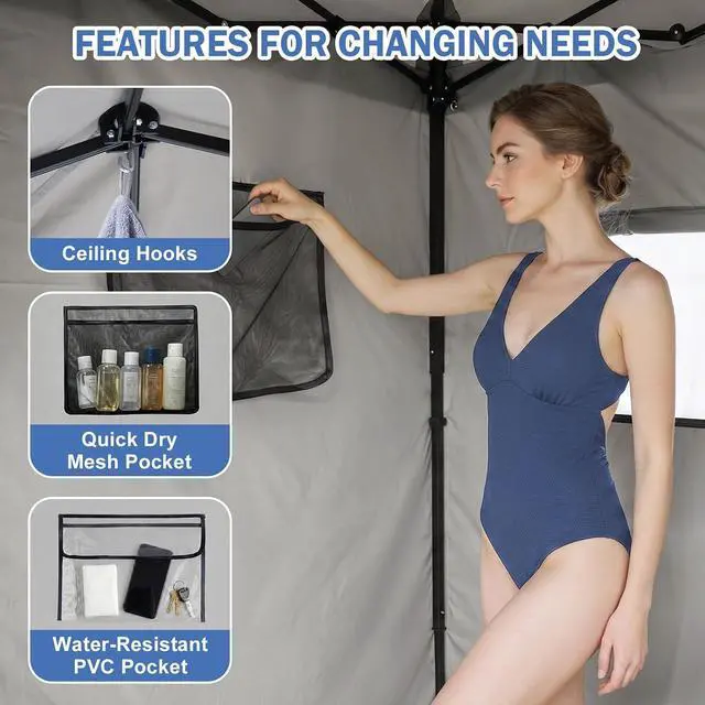 Alt view image 4 of 7 - Outdoor Pop Up Changing Room 8x4 ft, 2-Room Portable Privacy Shelter for Beach, Pool, Photoshoots or Dressing Room, Gray