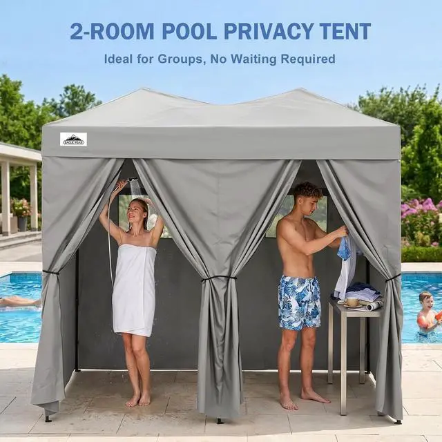 Alt view image 5 of 7 - Outdoor Pop Up Changing Room 8x4 ft, 2-Room Portable Privacy Shelter for Beach, Pool, Photoshoots or Dressing Room, Gray