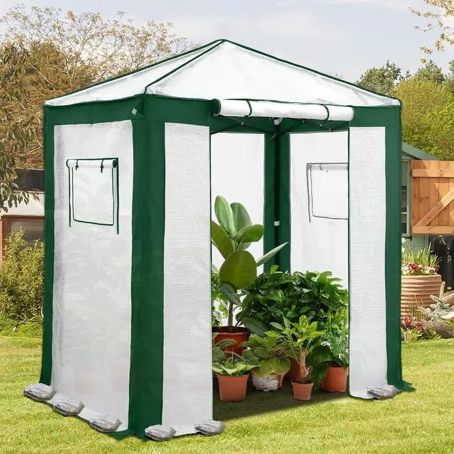Alt view image 5 of 7 - 6x4 Portable Walk in Greenhouse with Polyester Reinforced Corners, Instant Pop up Indoor Outdoor Gardening Green House, Roll Up Zipper Entry Door and Mesh Windows, Green/White