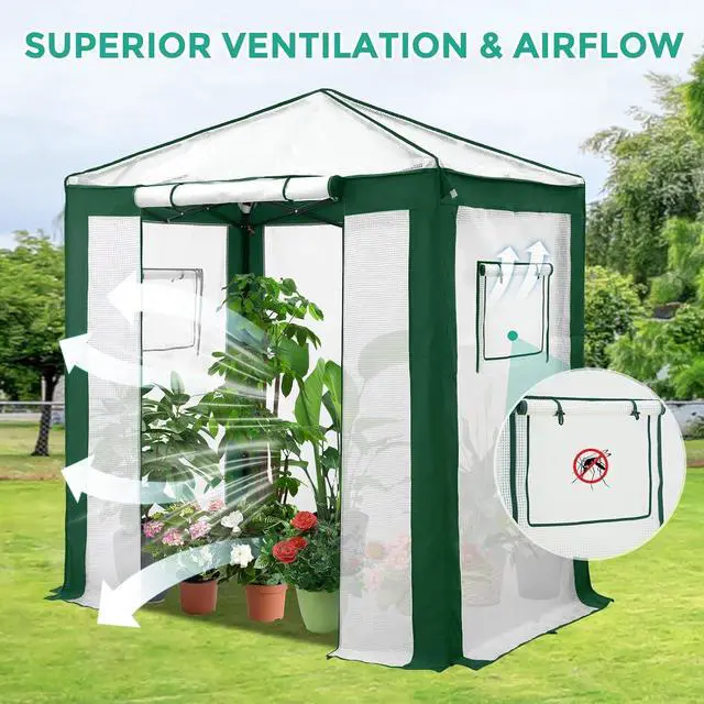 Alt view image 6 of 7 - 6x4 Portable Walk in Greenhouse with Polyester Reinforced Corners, Instant Pop up Indoor Outdoor Gardening Green House, Roll Up Zipper Entry Door and Mesh Windows, Green/White