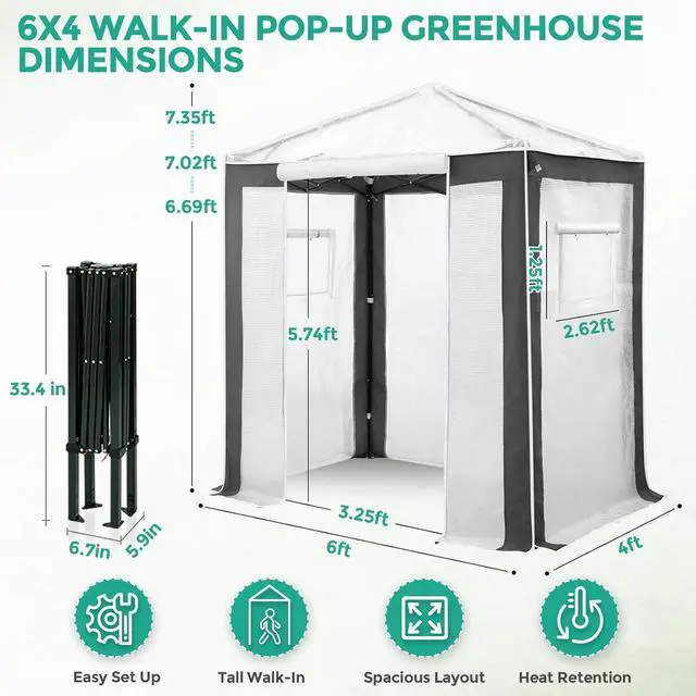 Alt view image 3 of 7 - 6x4 Portable Walk in Greenhouse with Polyester Reinforced Corners, Instant Pop up Indoor Outdoor Gardening Green House, Roll Up Zipper Entry Door and Mesh Windows, Gray/White