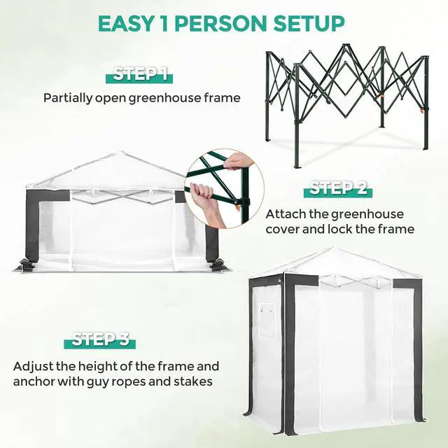 Alt view image 4 of 7 - 6x4 Portable Walk in Greenhouse with Polyester Reinforced Corners, Instant Pop up Indoor Outdoor Gardening Green House, Roll Up Zipper Entry Door and Mesh Windows, Gray/White