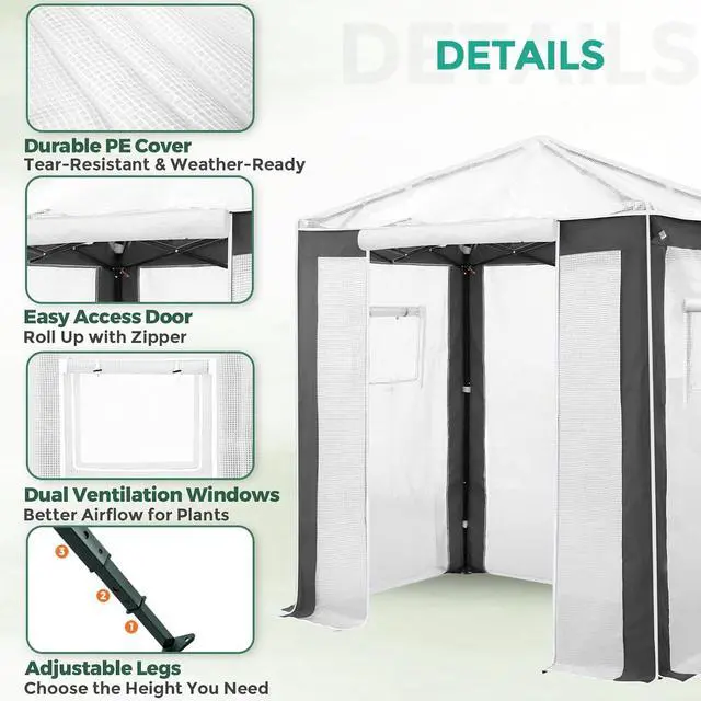 Alt view image 2 of 7 - 6x4 Portable Walk in Greenhouse with Polyester Reinforced Corners, Instant Pop up Indoor Outdoor Gardening Green House, Roll Up Zipper Entry Door and Mesh Windows, Gray/White