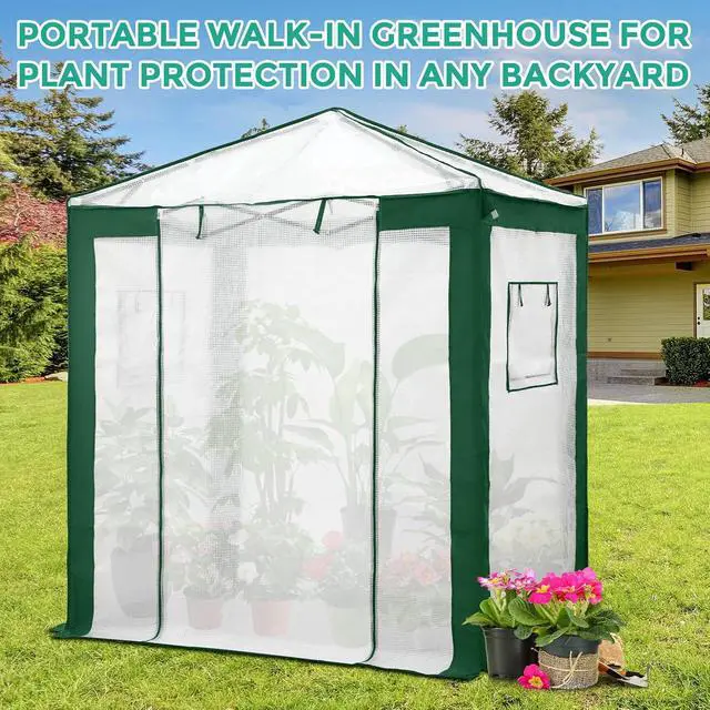 Alt view image 7 of 7 - 6x4 Portable Walk in Greenhouse with Polyester Reinforced Corners, Instant Pop up Indoor Outdoor Gardening Green House, Roll Up Zipper Entry Door and Mesh Windows, Green/White