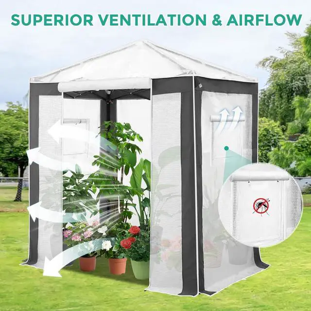 Alt view image 6 of 7 - 6x4 Portable Walk in Greenhouse with Polyester Reinforced Corners, Instant Pop up Indoor Outdoor Gardening Green House, Roll Up Zipper Entry Door and Mesh Windows, Gray/White