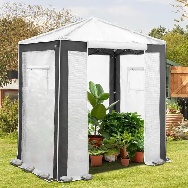Alt view image 5 of 7 - 6x4 Portable Walk in Greenhouse with Polyester Reinforced Corners, Instant Pop up Indoor Outdoor Gardening Green House, Roll Up Zipper Entry Door and Mesh Windows, Gray/White