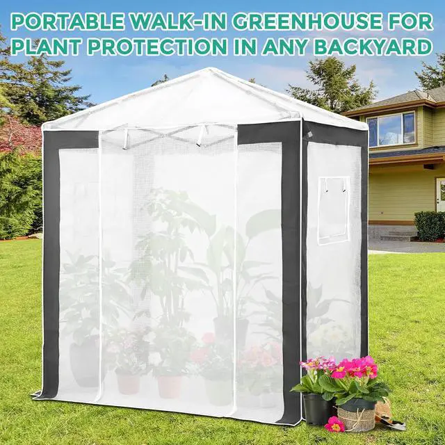 Alt view image 7 of 7 - 6x4 Portable Walk in Greenhouse with Polyester Reinforced Corners, Instant Pop up Indoor Outdoor Gardening Green House, Roll Up Zipper Entry Door and Mesh Windows, Gray/White