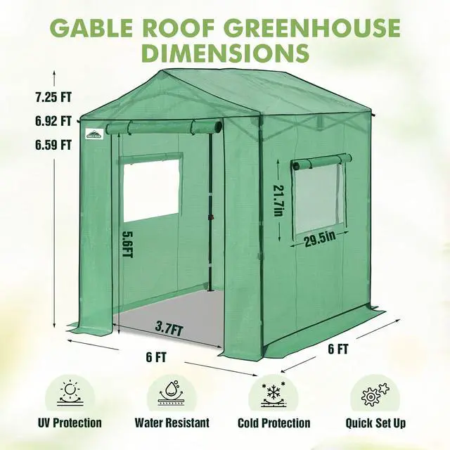 Alt view image 3 of 7 - 6x6 Portable Pop Up Greenhouse, Patented Center Lock Easy One Person Setup, Walk-in Outdoor Greenhouse with Gable Roof, Weight Bags, Zippered Doors & Windows, Green